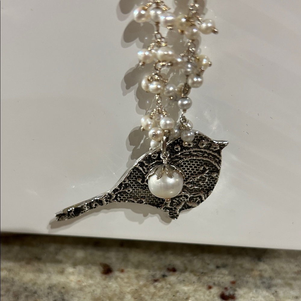 Bluebird Designs Lace Imprinted Silver Bird Pendant Pearl Necklace